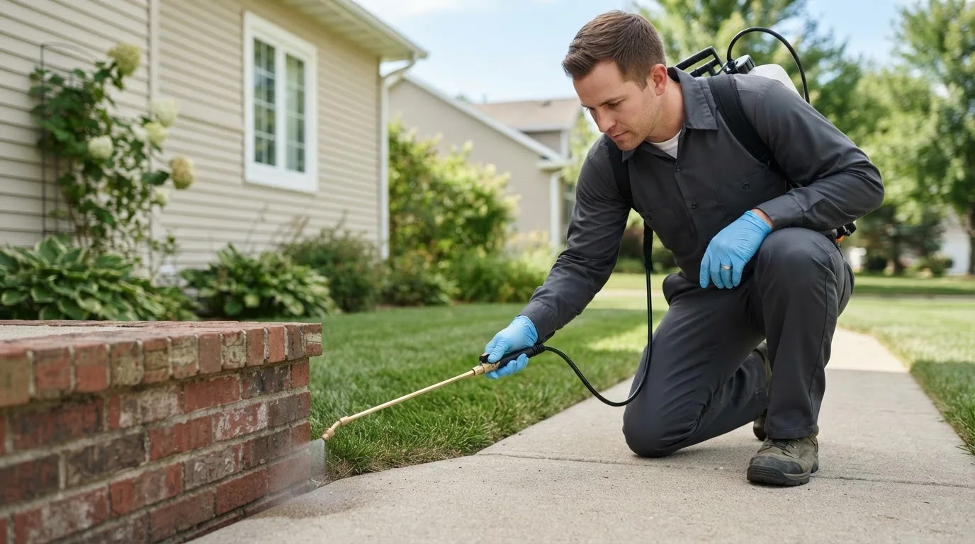 Pest control technician treating a home near Harcourt, IA