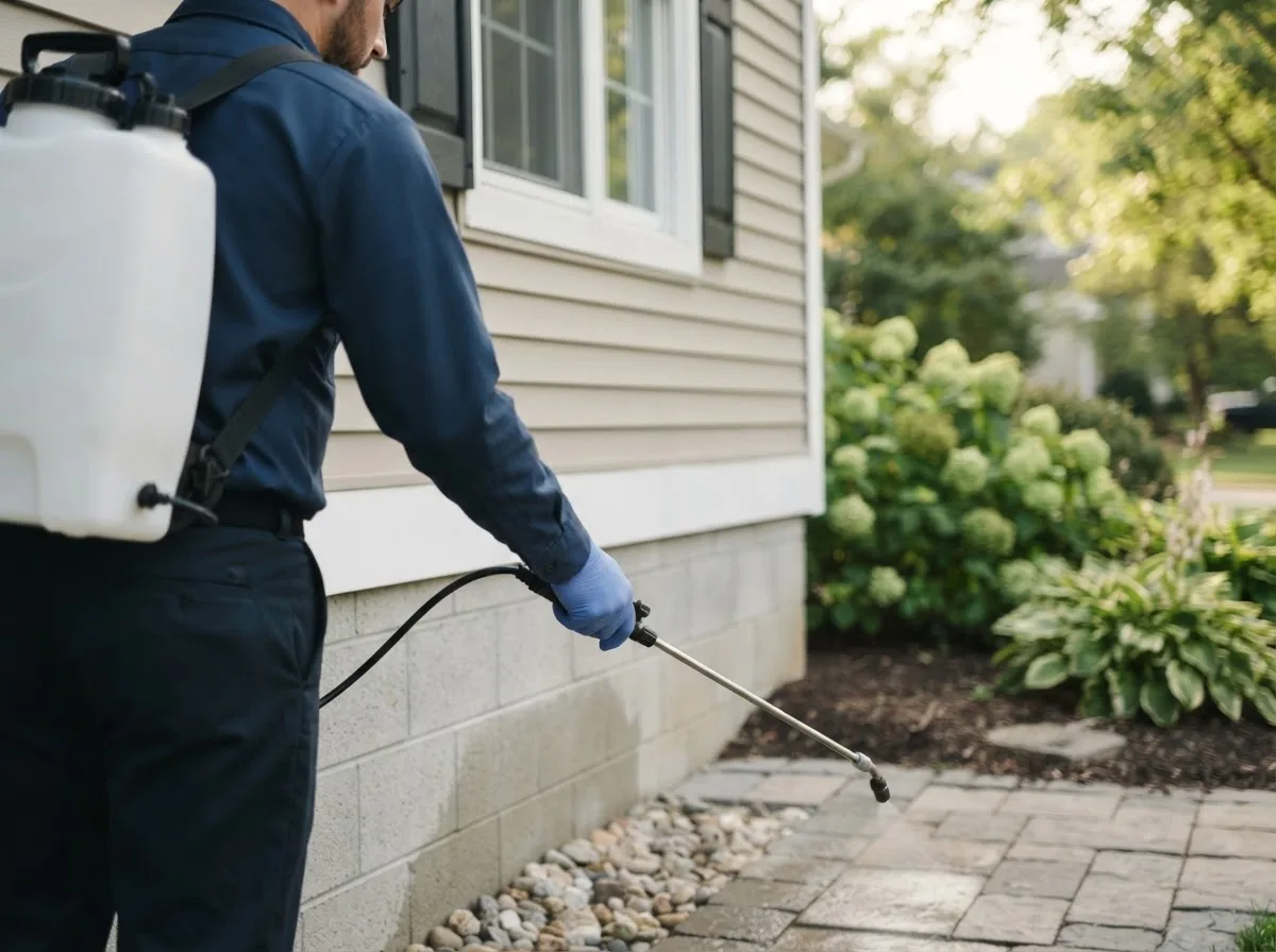 Pest control technician inspecting a home in Harcourt, IA